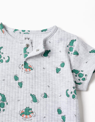 Ribbed romper with alligator motif for newborn and baby boys, grey