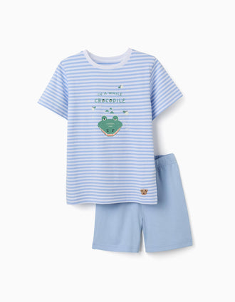 Cotton pyjamas with crocodile glow-in-the-dark print for boys, white/blue