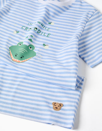 Cotton pyjamas with crocodile glow-in-the-dark print for boys, white/blue