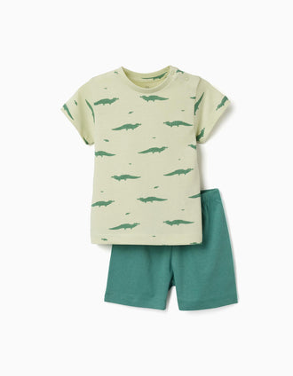 Short sleeve cotton pyjamas with alligator motif for baby boys, green