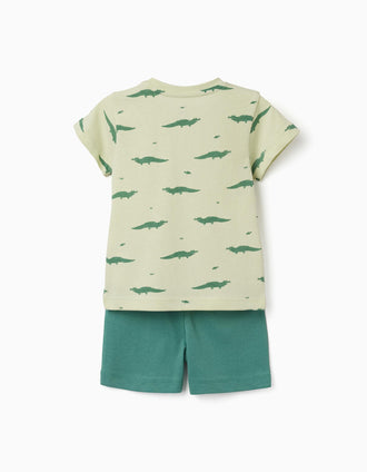 Short sleeve cotton pyjamas with alligator motif for baby boys, green