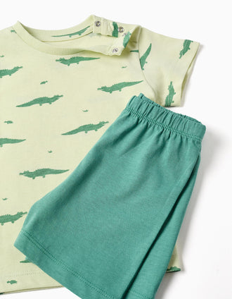 Short sleeve cotton pyjamas with alligator motif for baby boys, green