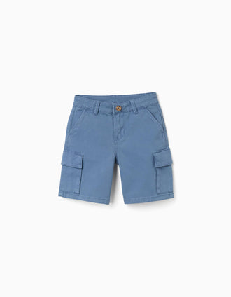 Bermudas midi de sarga con bolsillos cargo para niño, azul