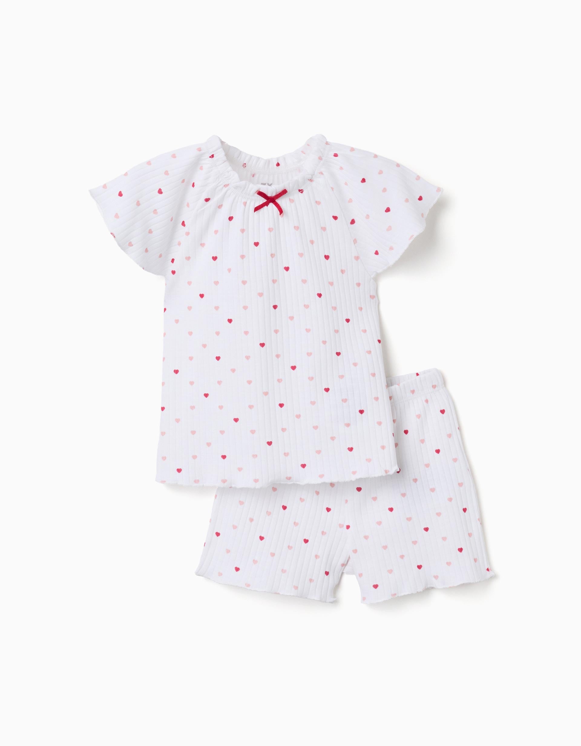 Pijama canelado com motivo de corações para bebé menina, branco/rosa
