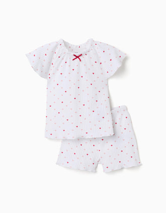 Ribbed cotton pyjamas with heart motif for baby girls, white/pink