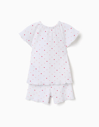 Ribbed cotton pyjamas with heart motif for baby girls, white/pink
