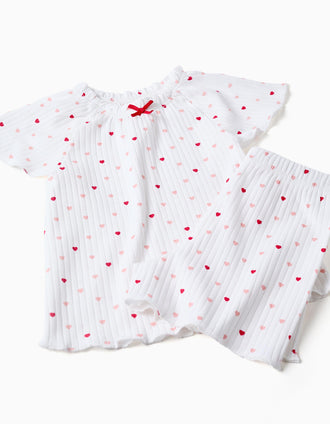 Ribbed cotton pyjamas with heart motif for baby girls, white/pink