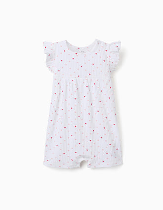 Ribbed romper with heart motif for newborn and baby girls, white