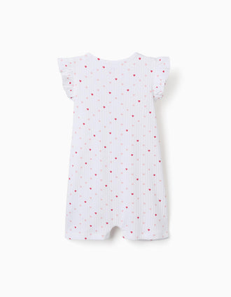 Ribbed romper with heart motif for newborn and baby girls, white