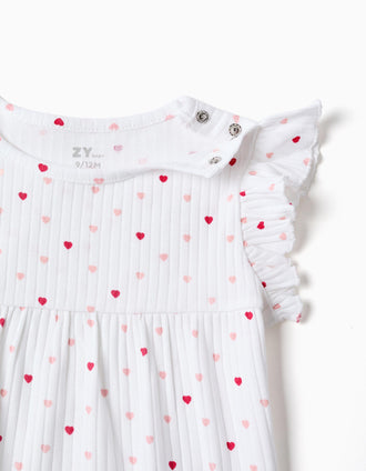 Ribbed romper with heart motif for newborn and baby girls, white