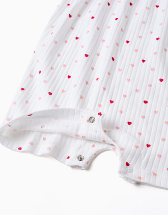 Ribbed romper with heart motif for newborn and baby girls, white