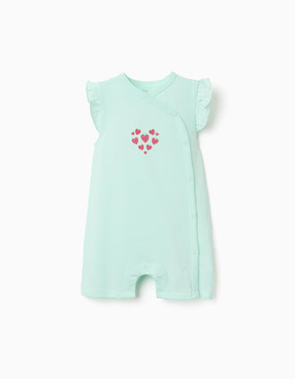 Cotton romper with heart print for newborn and baby girls, light green