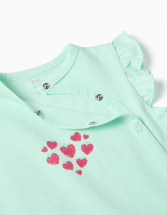 Cotton romper with heart print for newborn and baby girls, light green