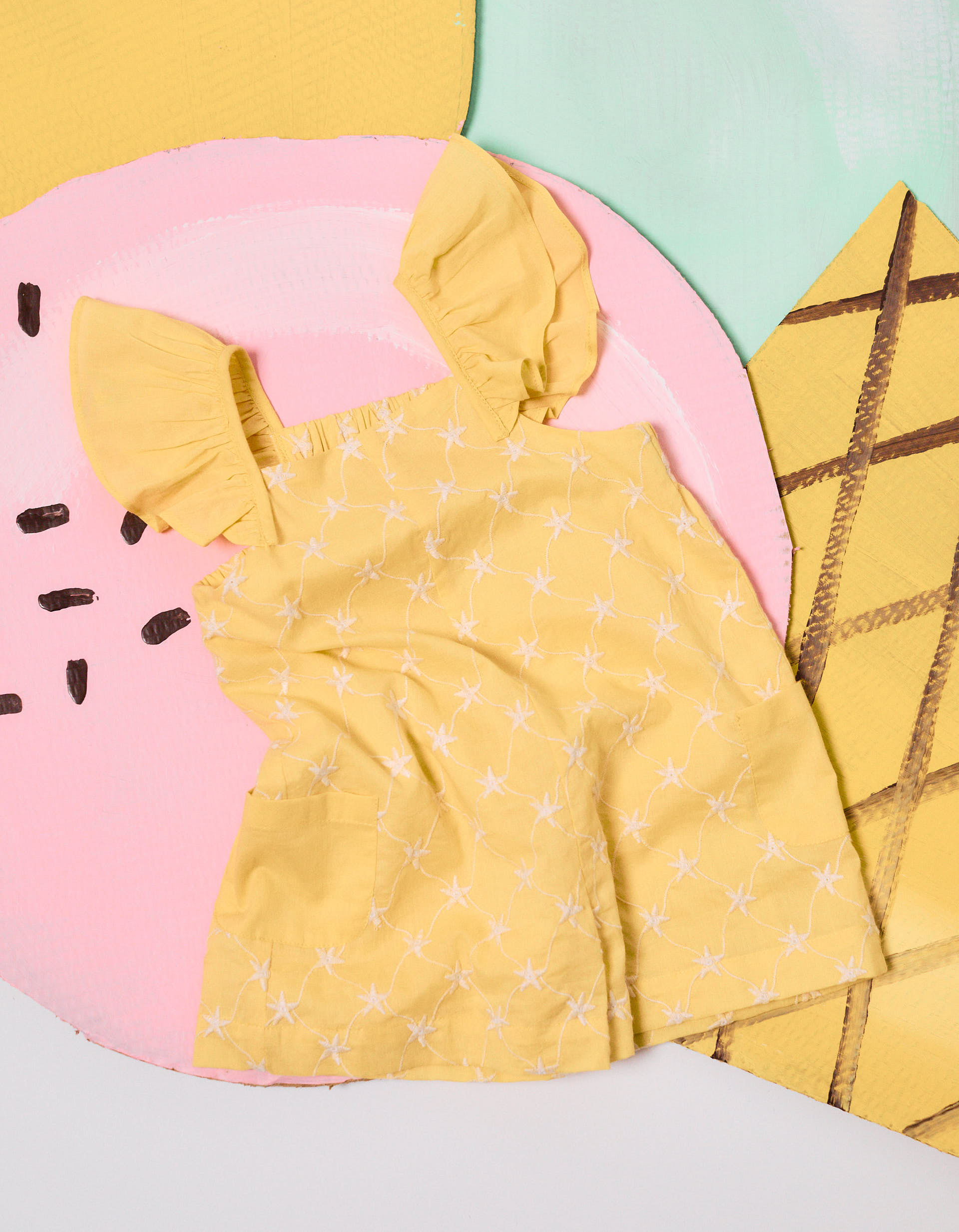 Cotton playsuit with embroidery and ruffles B&S for baby girls, yellow