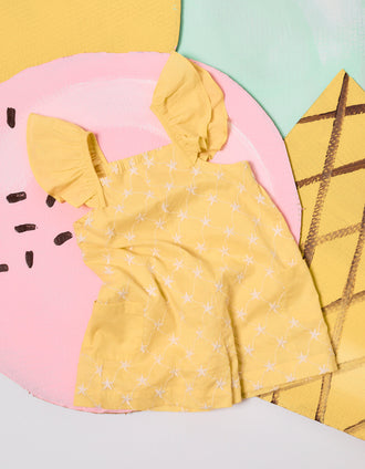 Macacão de algodão com bordado e folhos B&S para bebé menina, amarelo