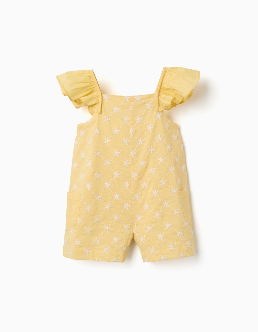 Cotton playsuit with embroidery and ruffles B&S for baby girls, yellow