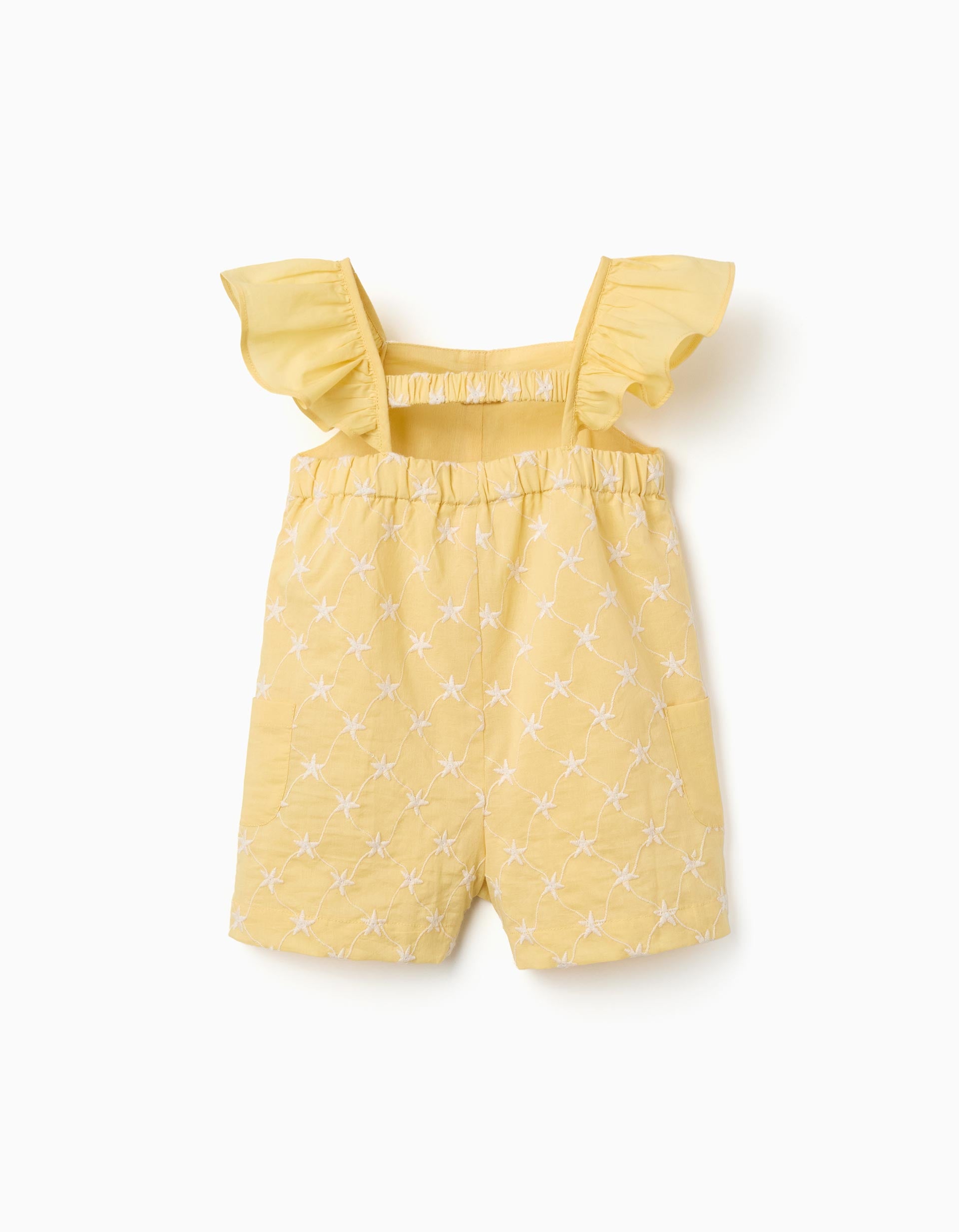 Cotton playsuit with embroidery and ruffles B&S for baby girls, yellow
