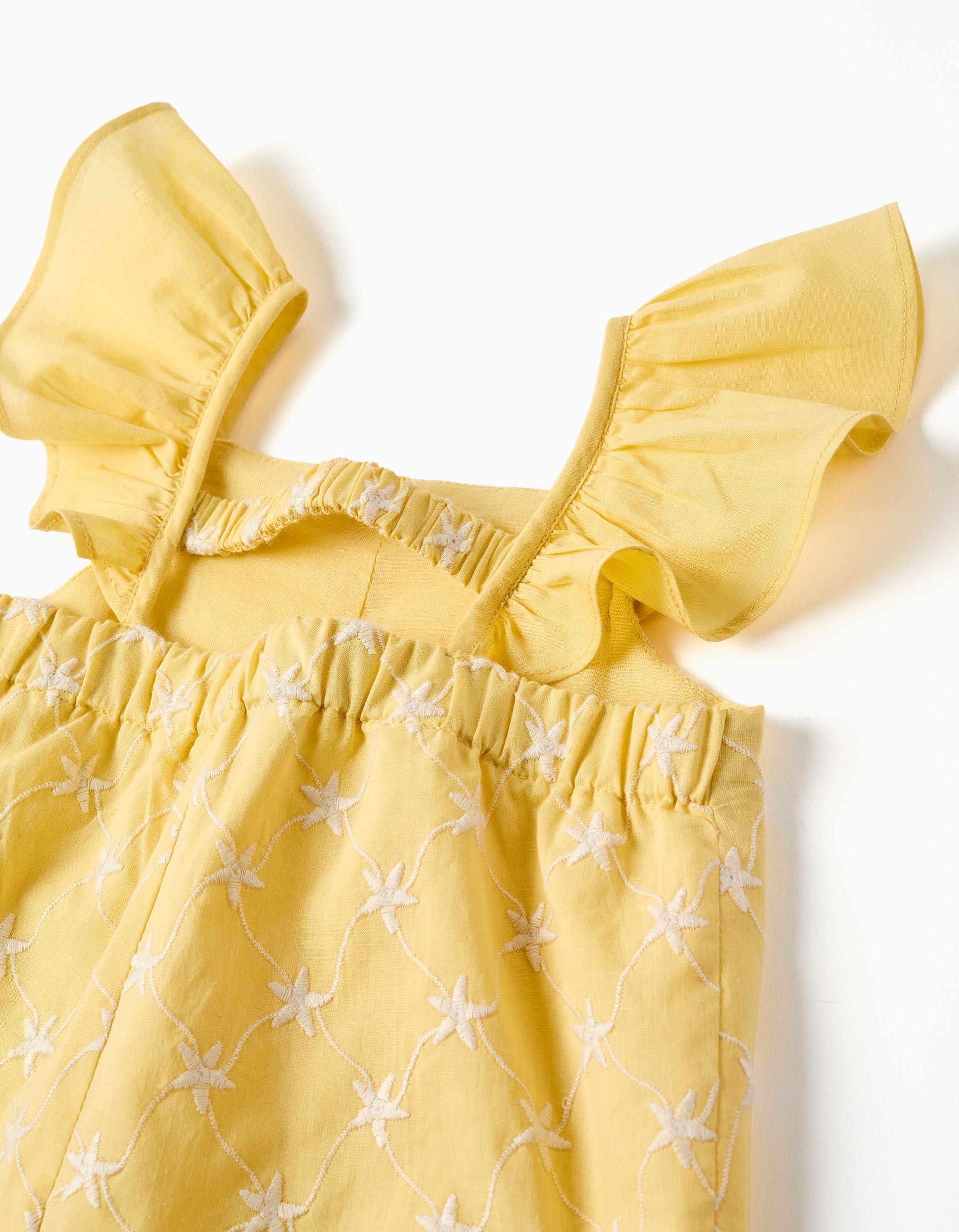 Cotton playsuit with embroidery and ruffles B&S for baby girls, yellow