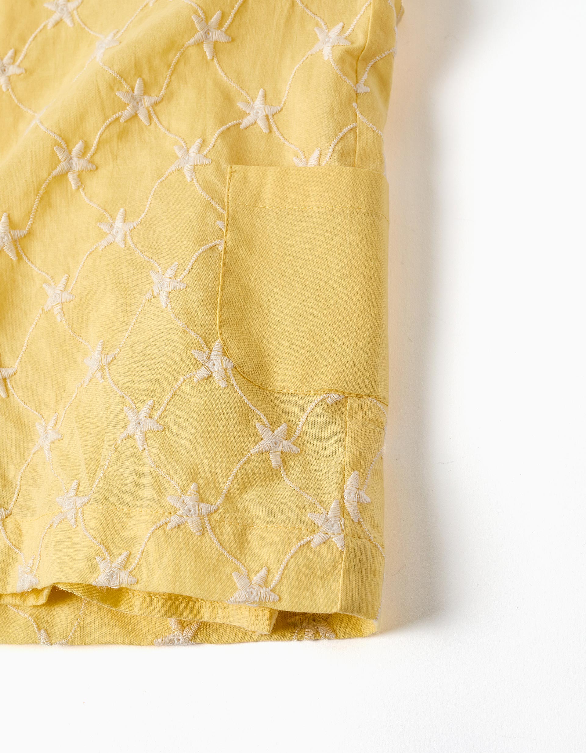 Cotton playsuit with embroidery and ruffles B&S for baby girls, yellow