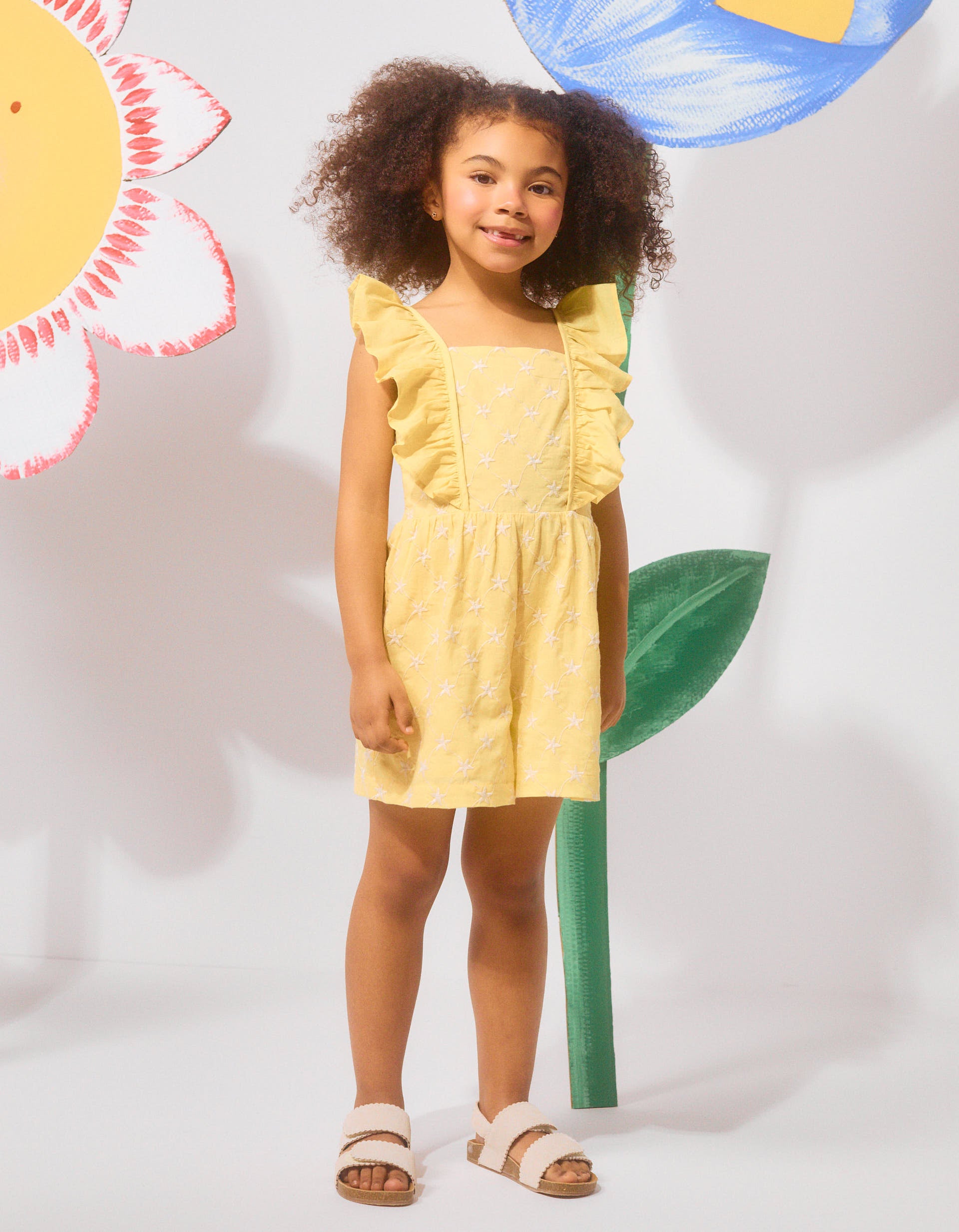Cotton playsuit with embroidery and ruffles B&S for girls, yellow