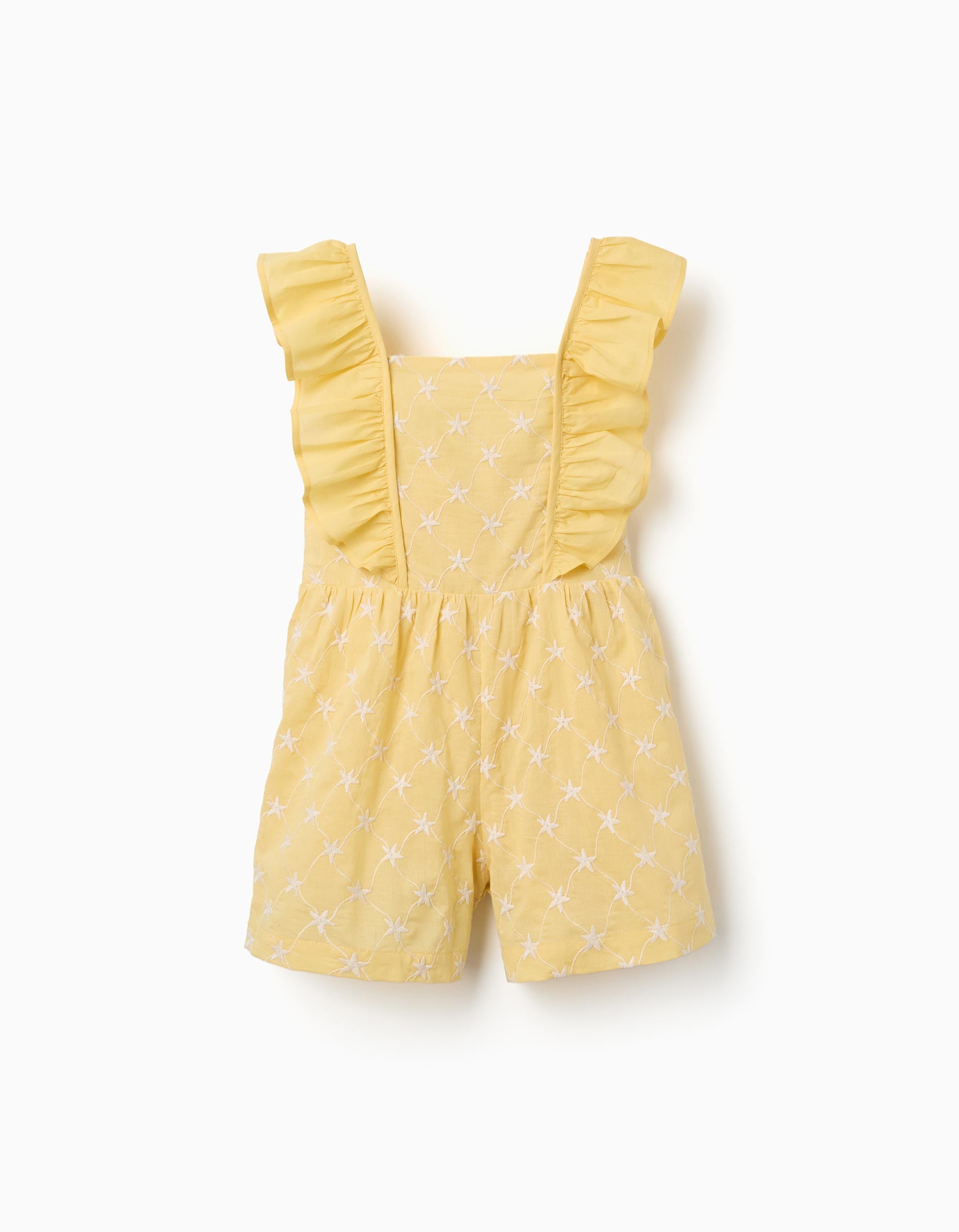 Cotton playsuit with embroidery and ruffles B&S for girls, yellow