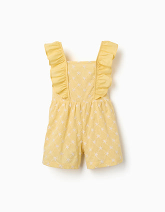 Macacão de algodão com bordado e folhos B&S para menina, amarelo