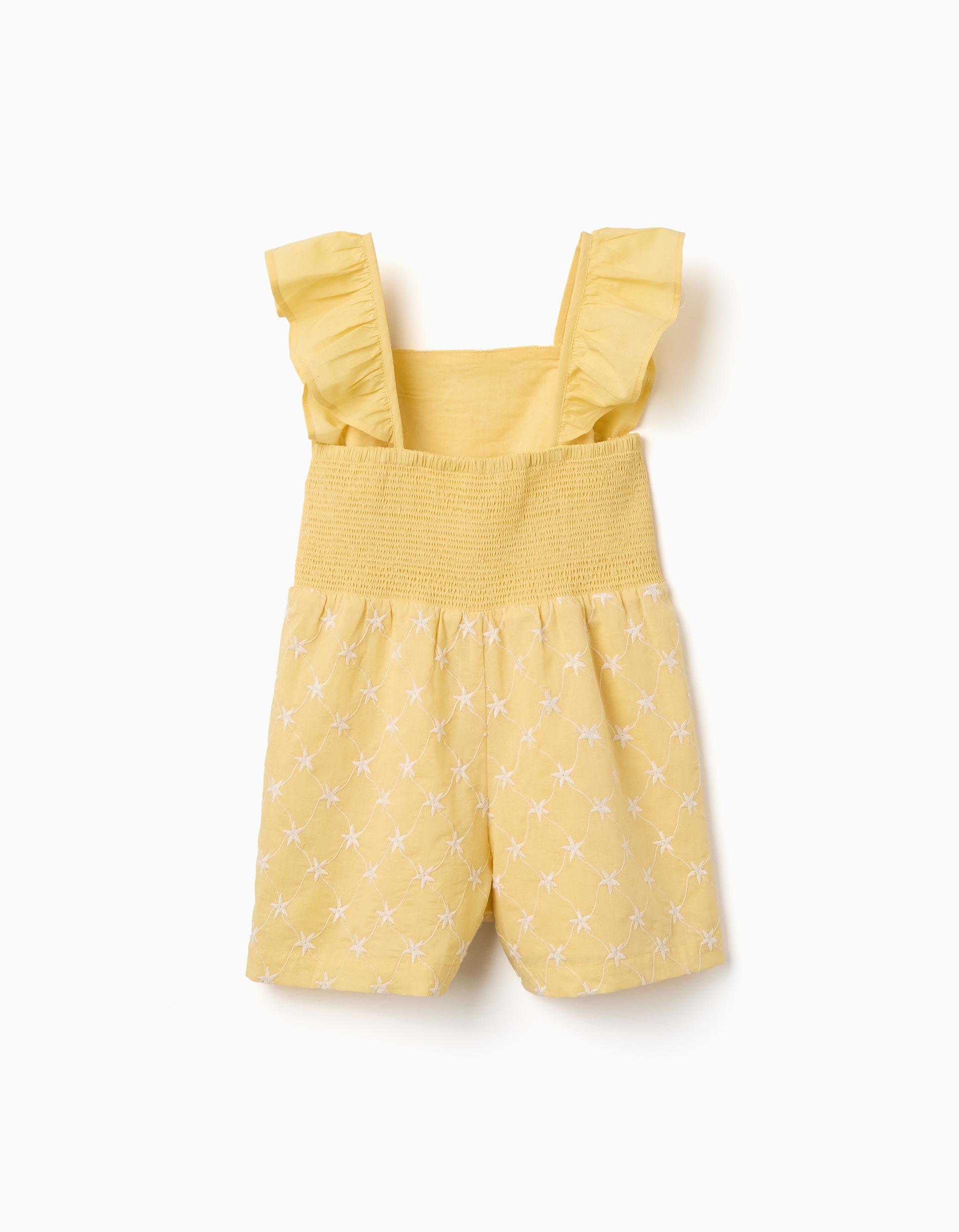Cotton playsuit with embroidery and ruffles B&S for girls, yellow