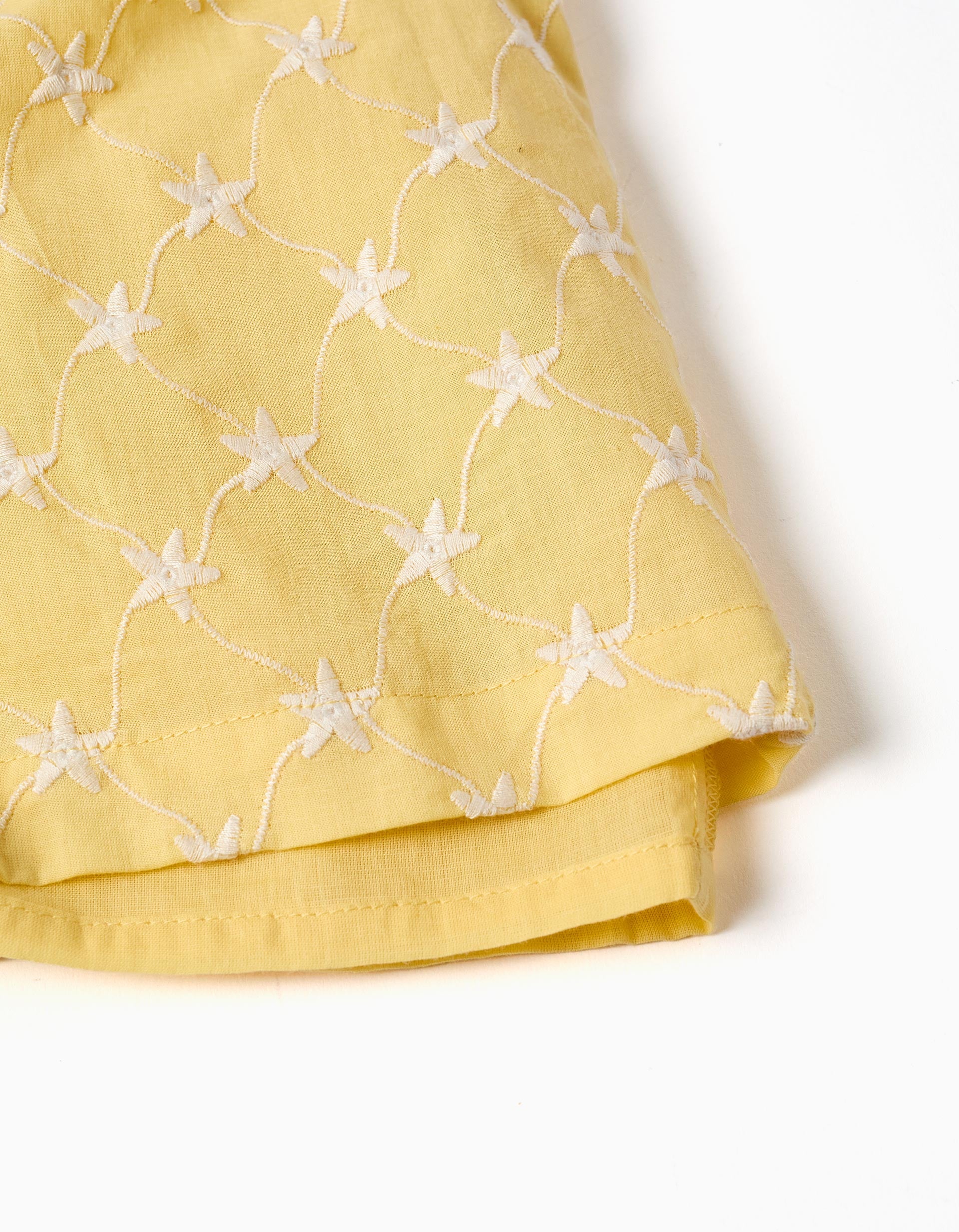 Cotton playsuit with embroidery and ruffles B&S for girls, yellow