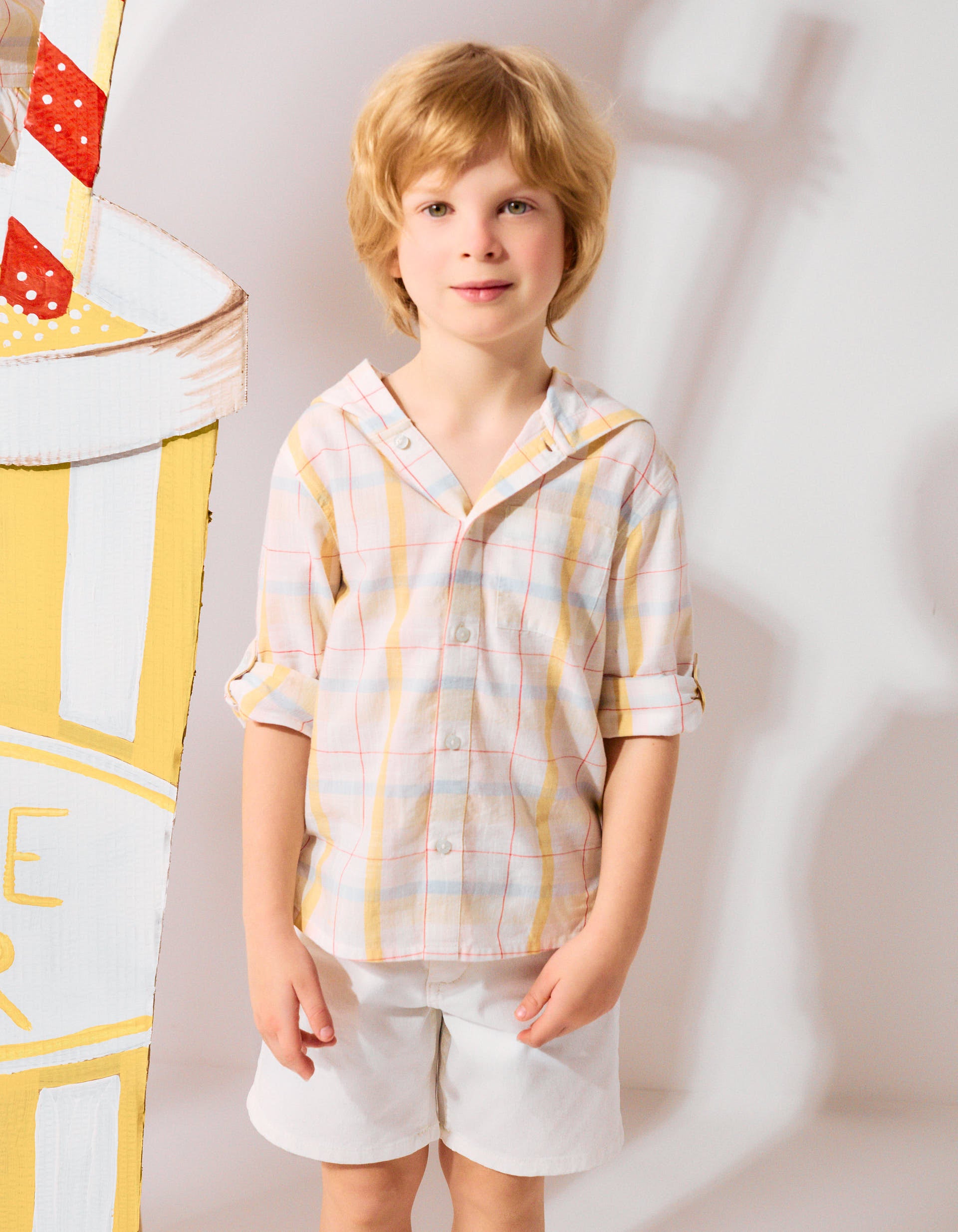 Checked cotton shirt with hood B&S for boys, white/yellow/blue/red