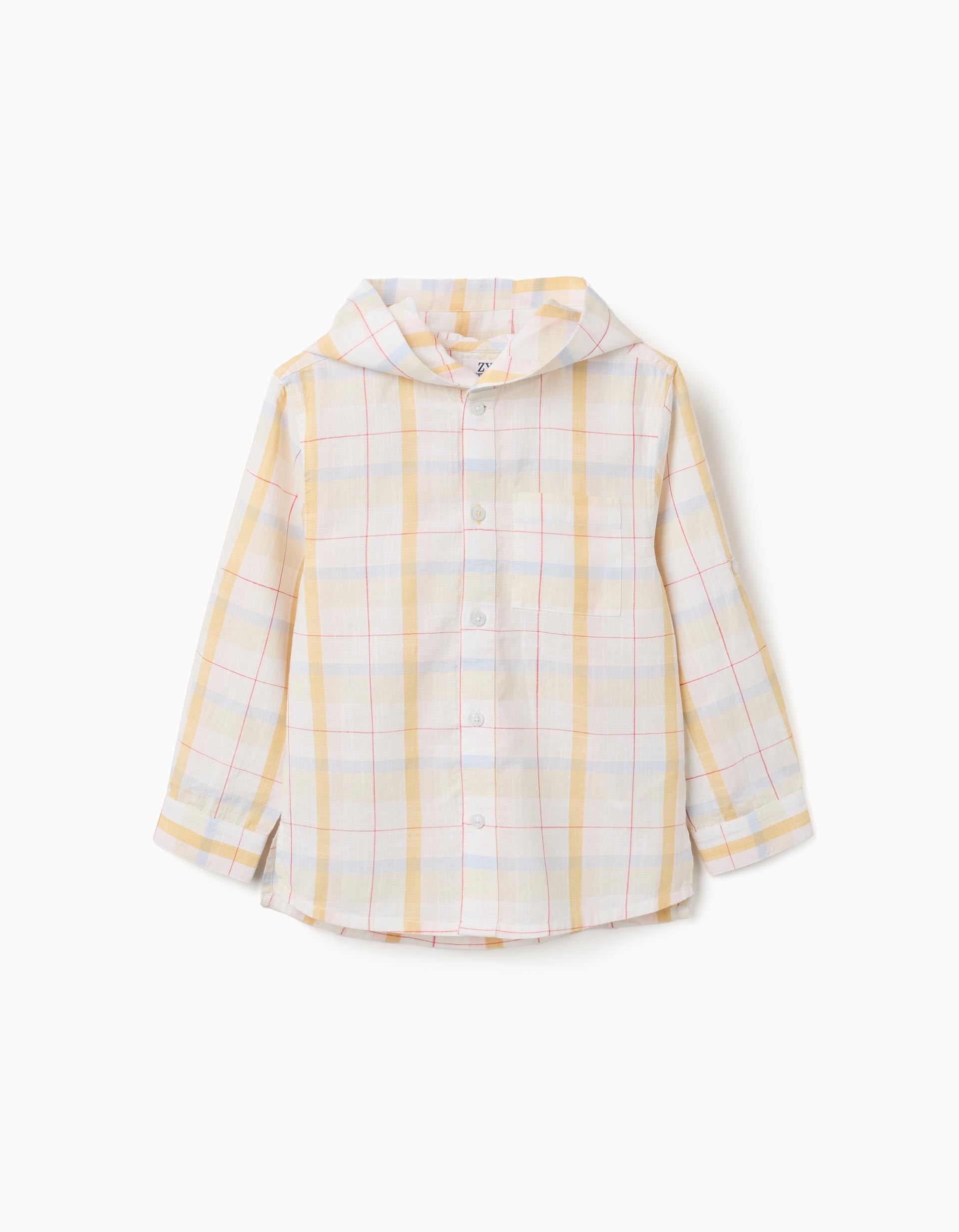 Checked cotton shirt with hood B&S for boys, white/yellow/blue/red