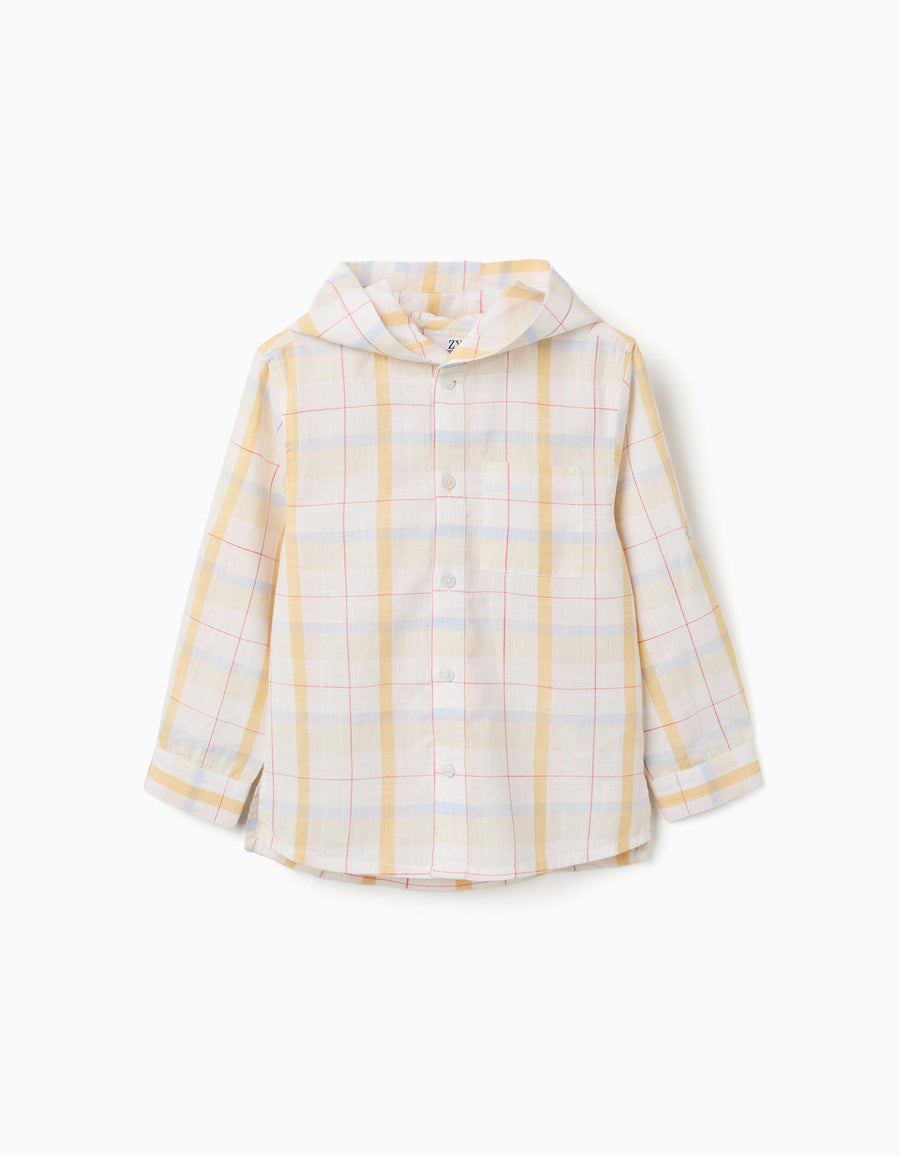 Checked cotton shirt with hood B&S for boys, white/yellow/blue/red