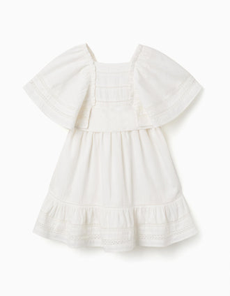 Vestido de algodón con mangas tipo capa y cinturón para niña, blanco