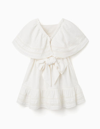 Vestido de algodón con mangas tipo capa y cinturón para niña, blanco