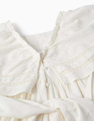 Vestido de algodón con mangas tipo capa y cinturón para niña, blanco