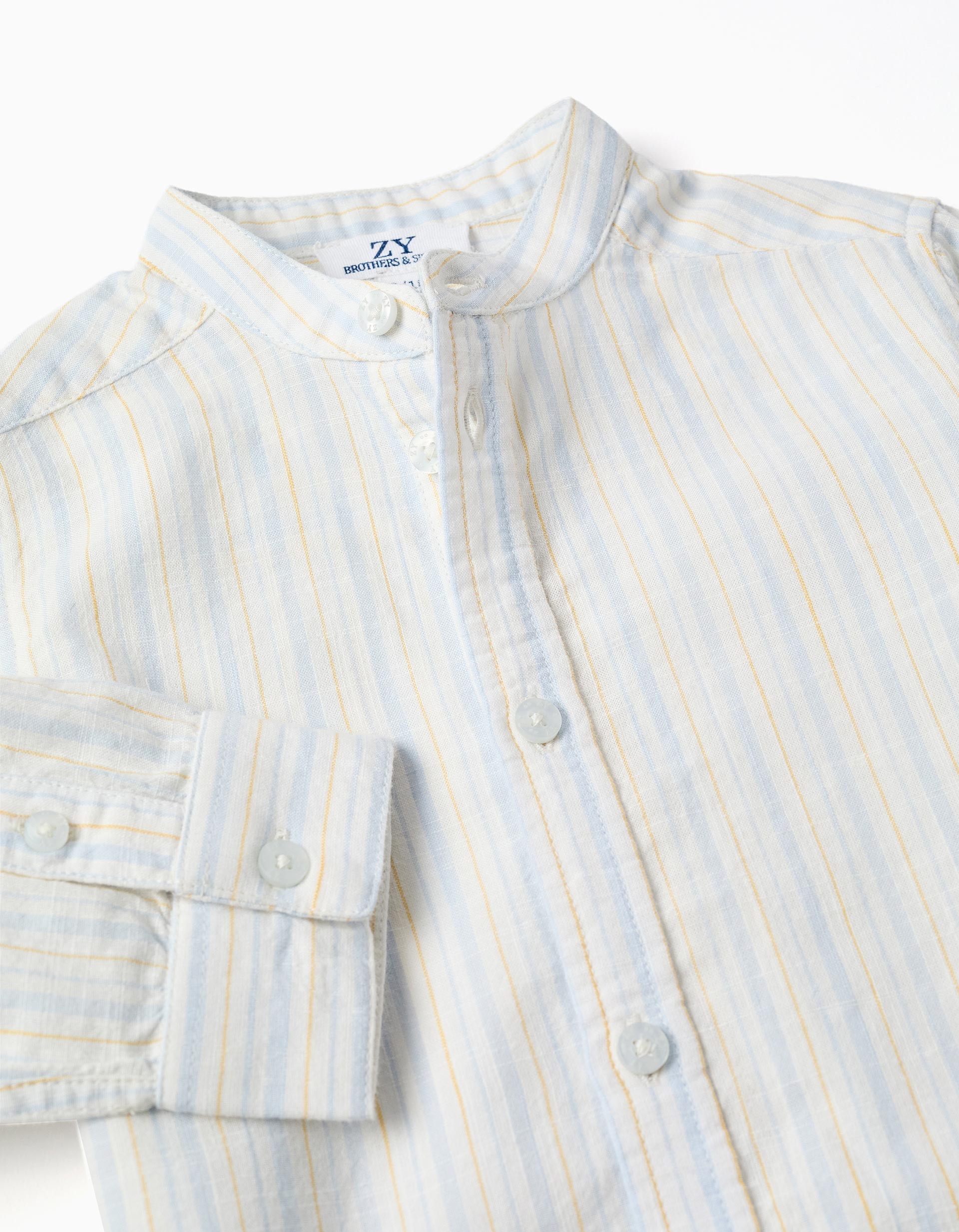Striped cotton shirt with mao collar B&S for baby boys, white/yellow/blue