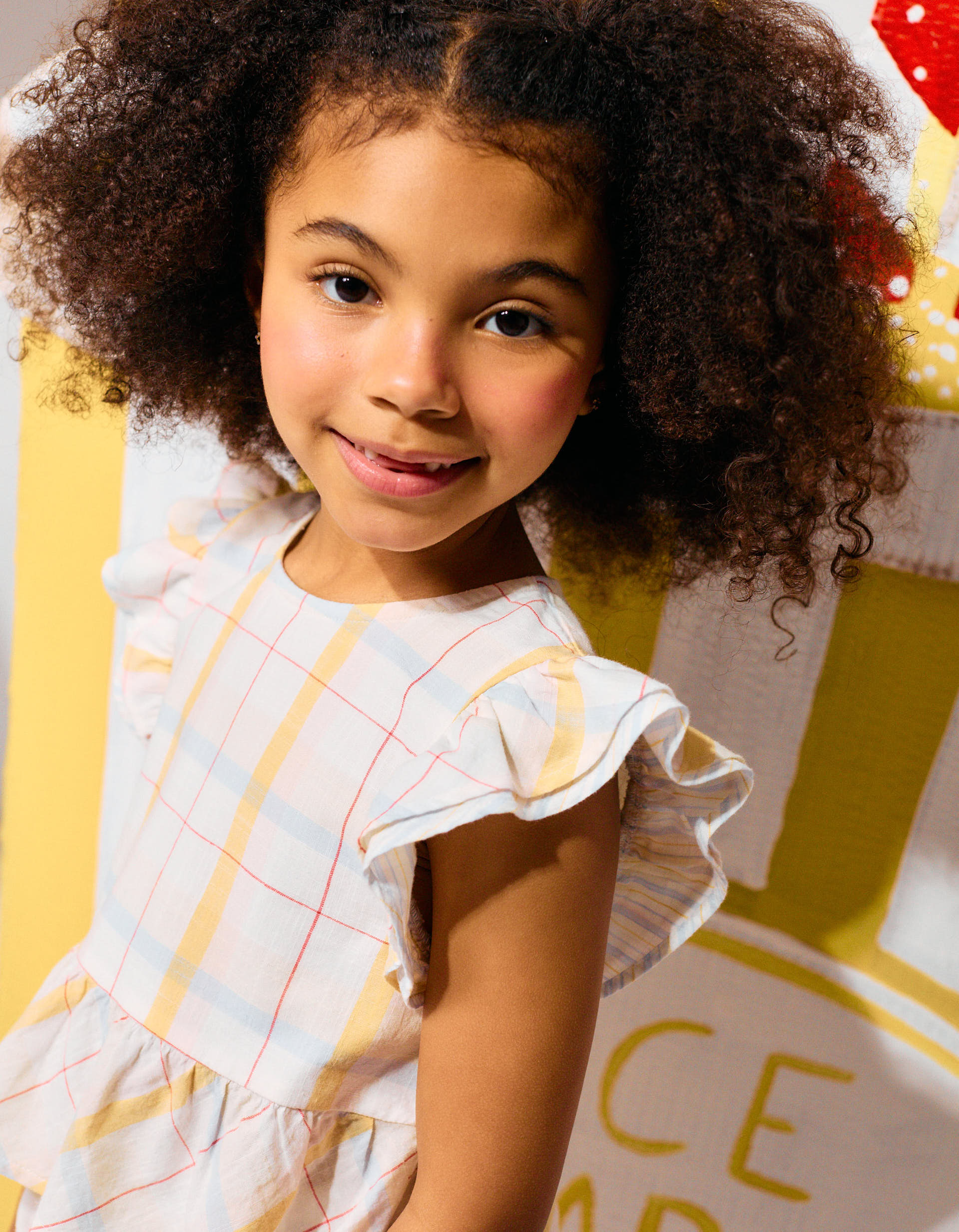 Checked cotton blouse with ruffles B&S for girls, white/yellow/blue/red