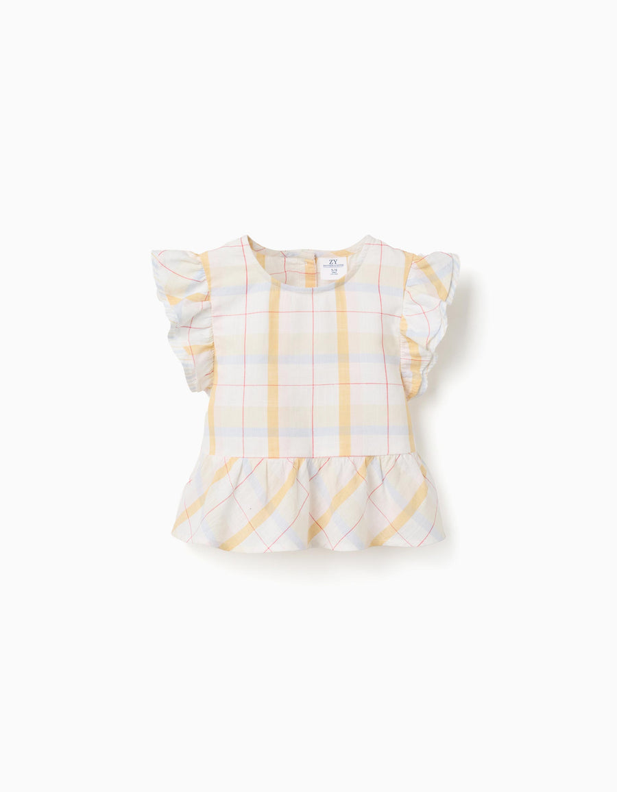 Checked cotton blouse with ruffles B&S for girls, white/yellow/blue/red