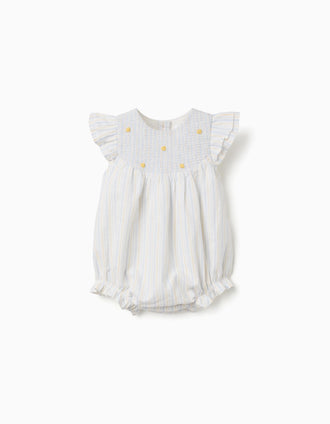 Striped cotton romper B&S for newborn girls, white/yellow/blue