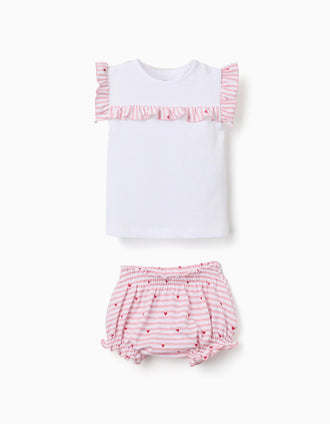 Cotton pyjamas with stripes and hearts for baby girls, white/pink