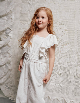 Macacão de algodão com mangas com folhos e cinto para menina, branco