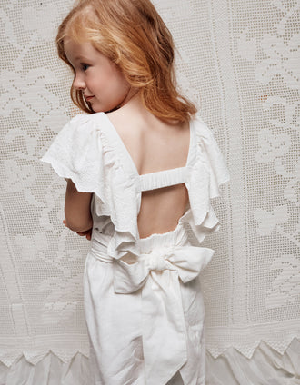 Macacão de algodão com mangas com folhos e cinto para menina, branco