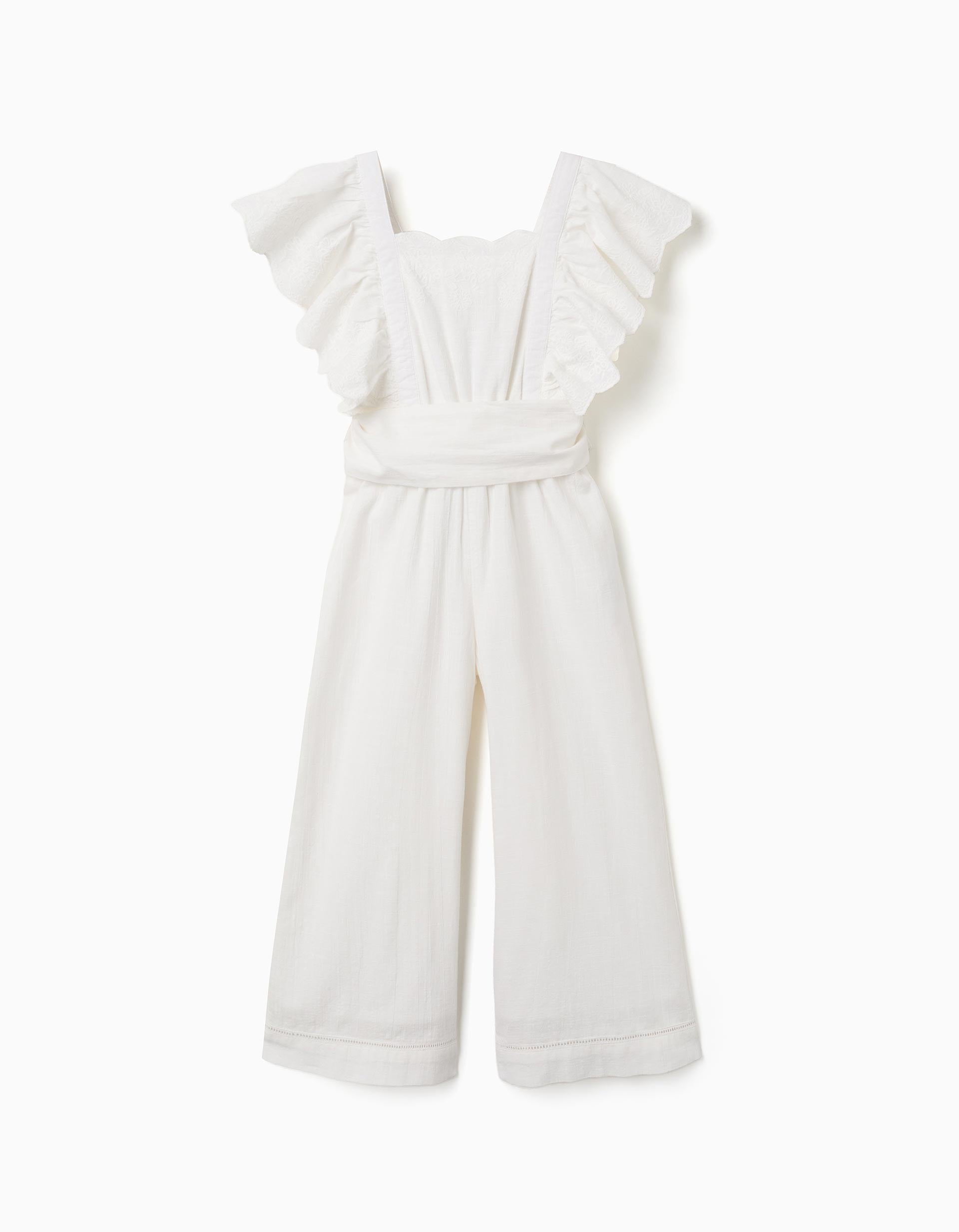 Macacão de algodão com mangas com folhos e cinto para menina, branco