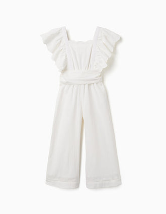 Macacão de algodão com mangas com folhos e cinto para menina, branco