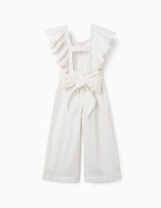 Macacão de algodão com mangas com folhos e cinto para menina, branco