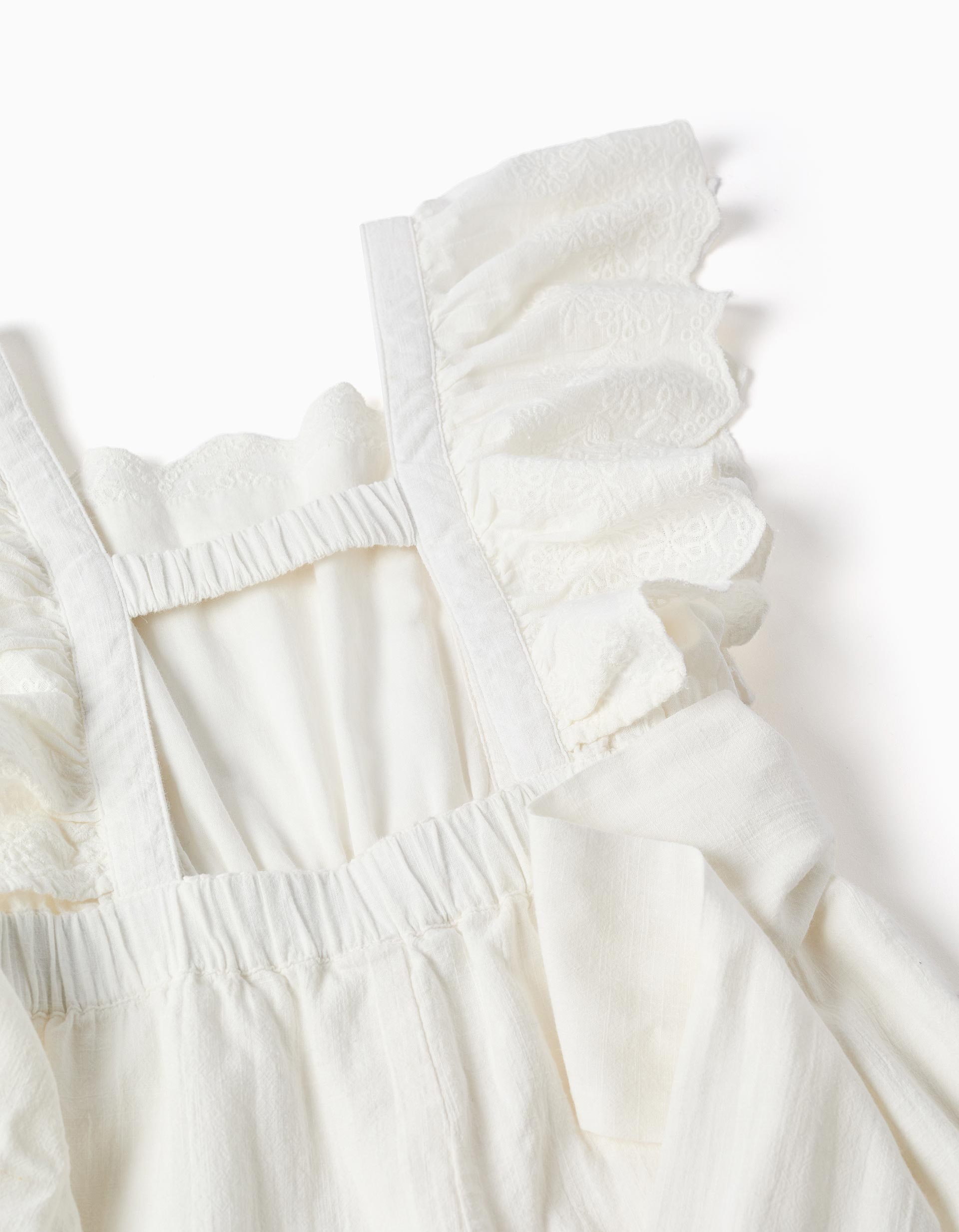 Macacão de algodão com mangas com folhos e cinto para menina, branco