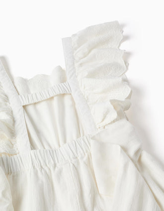 Macacão de algodão com mangas com folhos e cinto para menina, branco