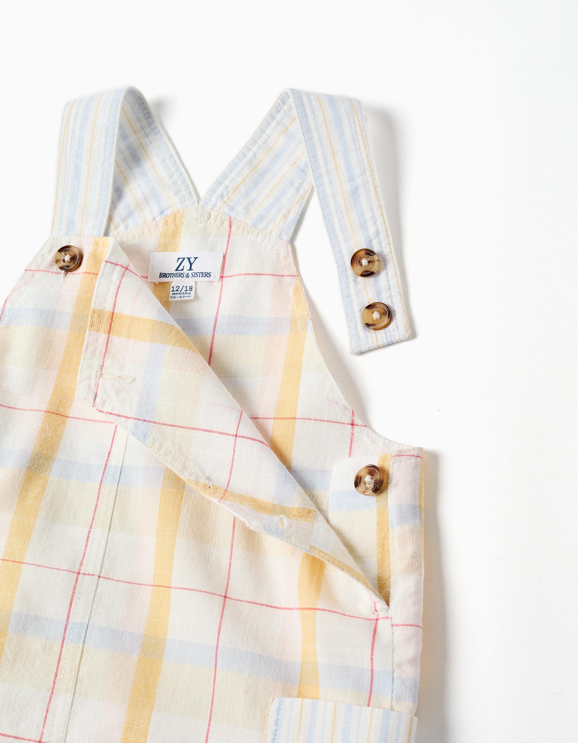 Checked cotton dungarees B&S for baby boys, white/yellow/blue/red