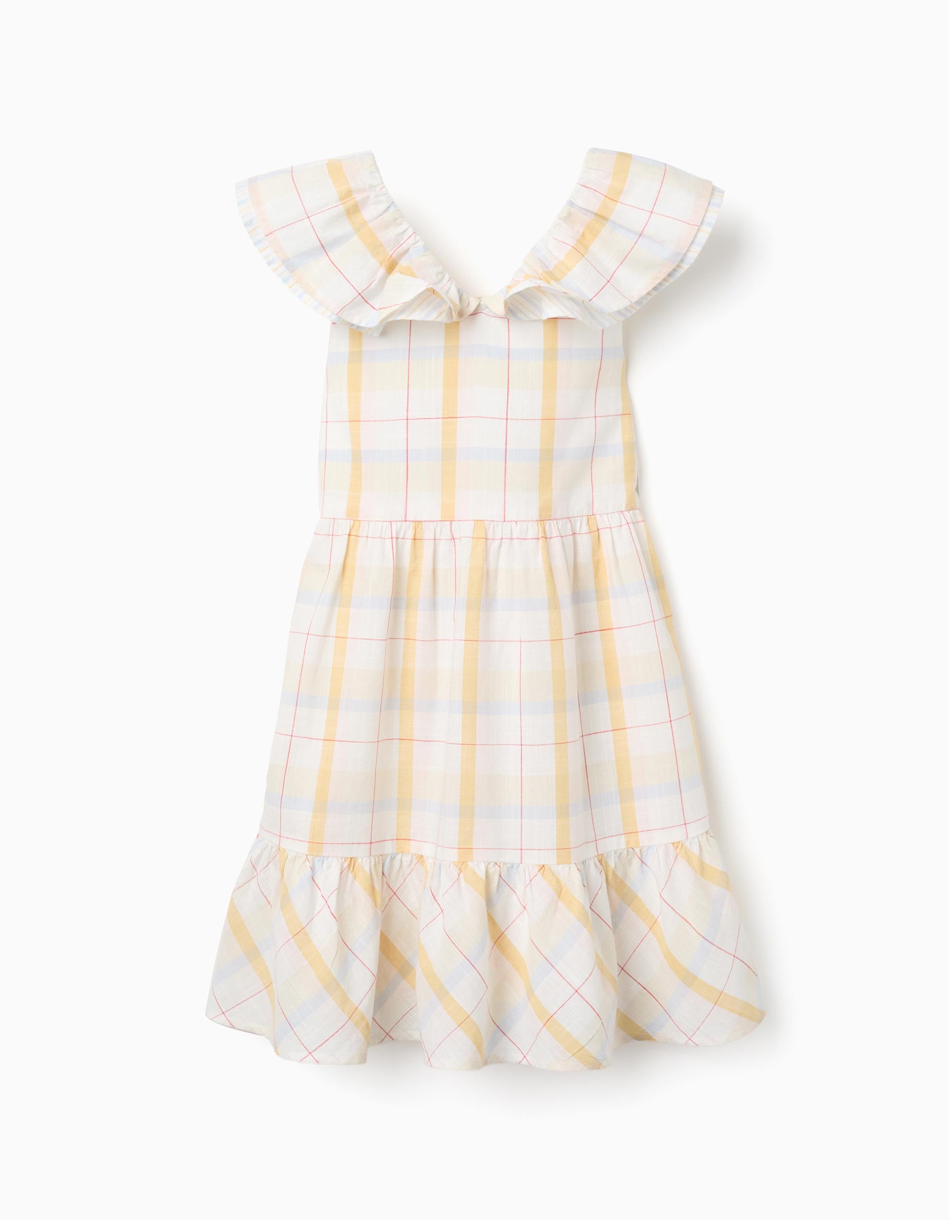 Checked cotton dress with ruffles B&S for girls, white/yellow/blue/red