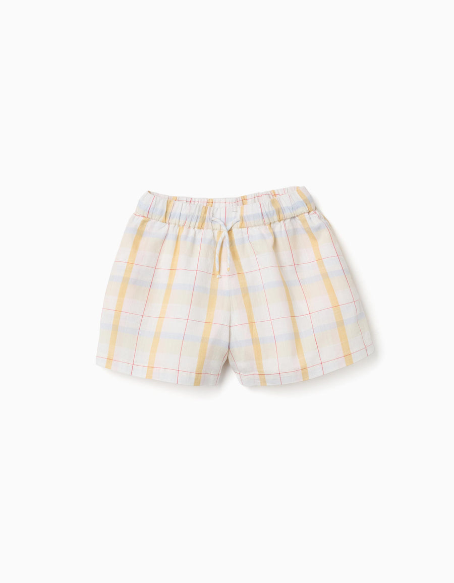 Checked cotton shorts with drawstring B&S for girls, white/yellow/blue/red