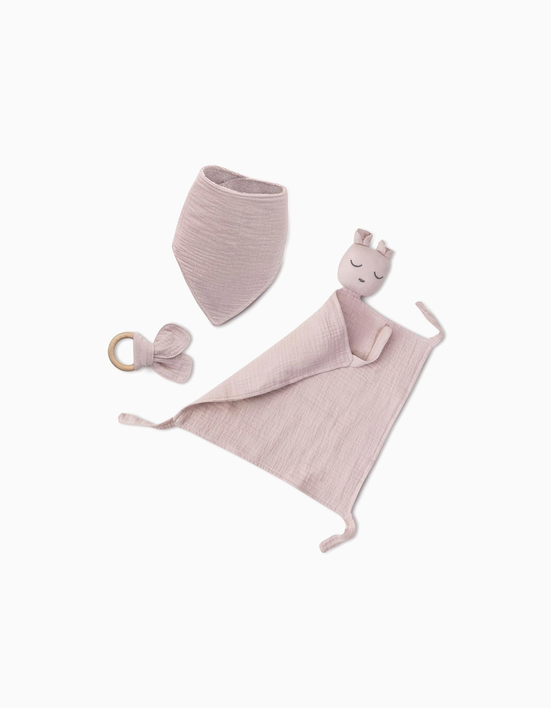 Ensemble Doudou + Bandana + Anneau de Dentition Interbaby 0M+, Rose